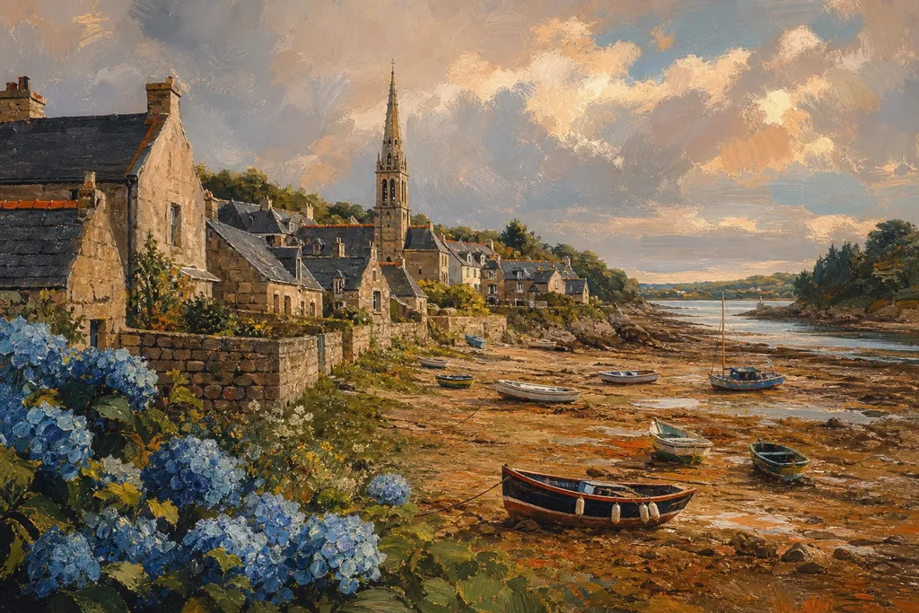 Illustration peinte : Bretagne, de Saint-Suliac à Rochefort-en-Terre