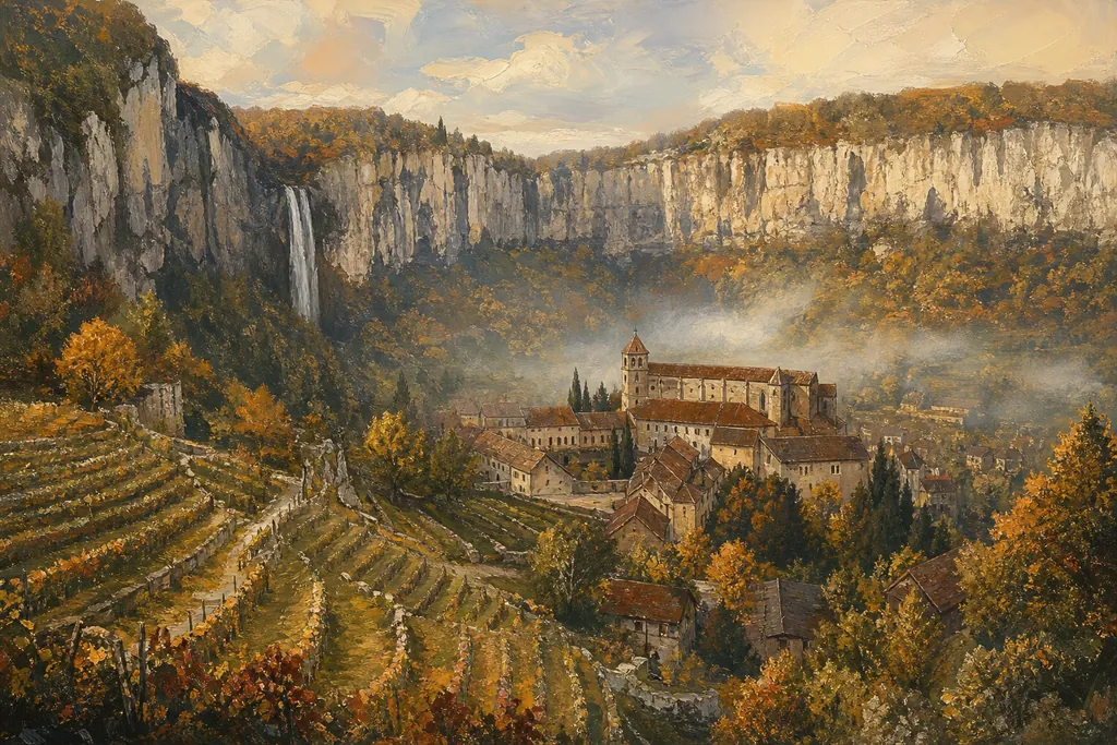 Illustration peinte : Jura des reculées, de Baume-les-Messieurs à Château-Chalon
